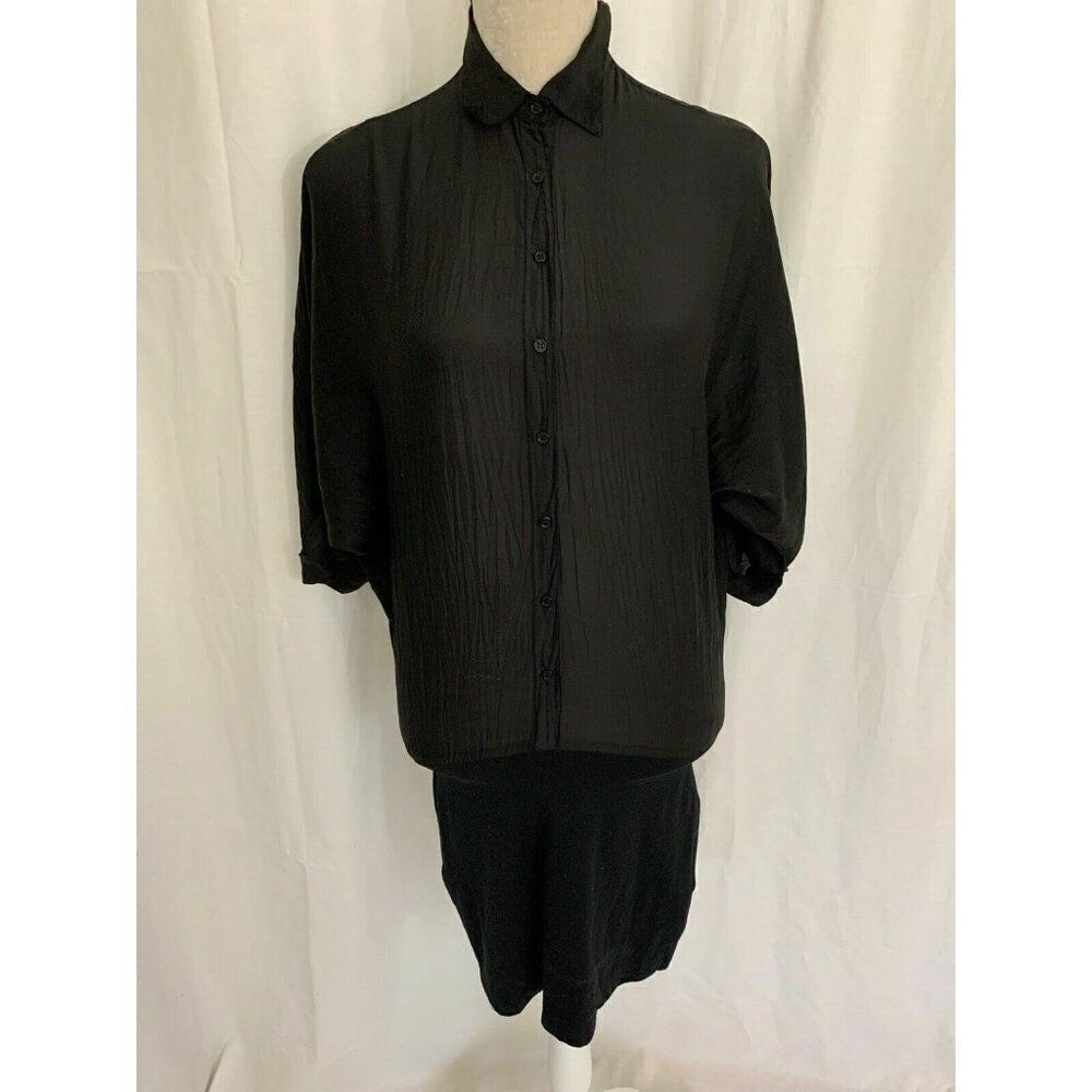 Splendid Womens Solid Black Short Sleeve Button Down Shirt Mini Dress Xs